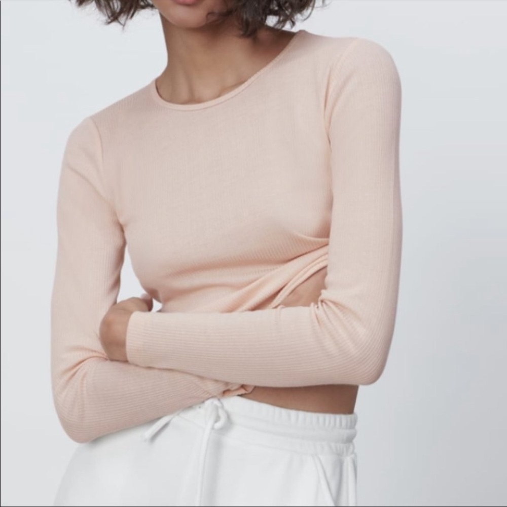 NEW long sleeve ribbed t shirt beige pink zara
